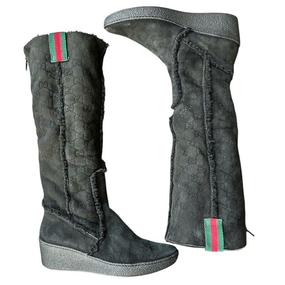 Gucci GG Monogram Web Black Suede Knee High Boots Size 7 Wedge Heel 14" Shaft - Picture 5 of 11